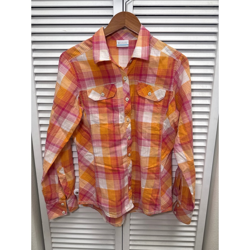 Columbia Womens Plaid Long Sleeve Button Up Shirt Orange Pink Medium Hiking
